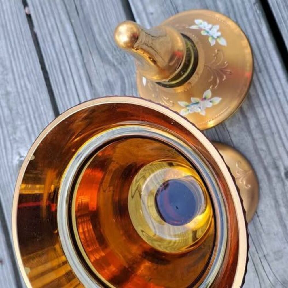 Antique BOHEMIAN Gold Gilt ENAMEL Amber Glass PEDESTAL Candy Jar Dish W/Lid - Picture 5 of 9